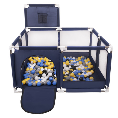 Laufstall mit Korb und Bällen Laufgitter für Kinder, Blau:schwarz/weiß/grau/blau/gelb, 200 Bälle