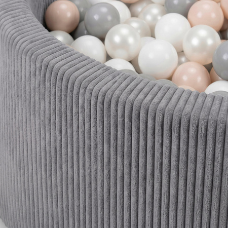 KiddyMoon Bällebad für Kinder aus Schaumstoff, weicher Rippbezug, abnehmbarer Bezug, waschbar, Dunkelgrau: Pastellbeige/Weiß/Perle/Grau, 90 x 30 cm 200 Bälle