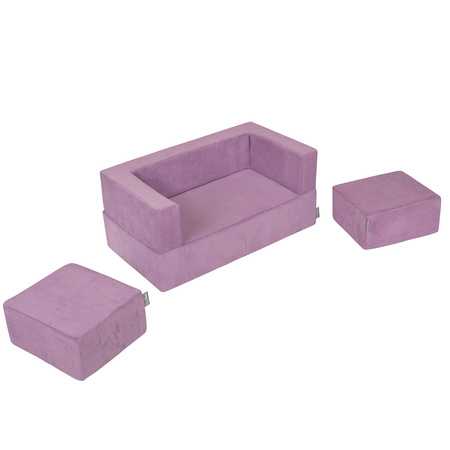KiddyMoon Kindersofa mit Zwei Weichen Puffen Für Kinder Bequemes und Leichtes Schaumstoff-Sofa Gerippter Stoff Abnehmbarer Bezug Perfekt für Entspannung und Kreativität, violett, Sofa/Puff