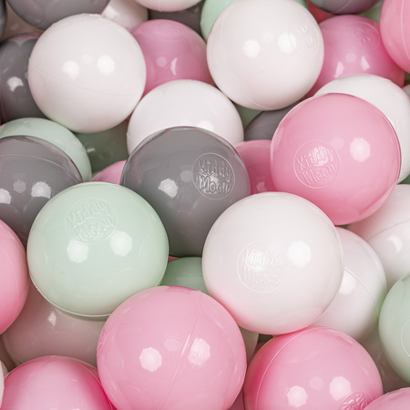 KiddyMoon Kinder Bälle für Bällebad Baby Spielbälle Plastikbälle ∅7cm Made in EU, weiß/grau/minze/puderrosa, 100 Bälle/7cm