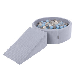 KiddyMoon Spielplatz Aus Schaumstoff Für Kinder mit Bälle Waschbare Bezug, dunkelgrau: perle/grau/transparent/babyblau, Bällebad (100 Bälle) + Zwickel