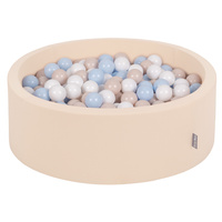 KiddyMoon Bällebad Bällepool mit bunten Bällen ∅ 7Cm für Babys Kinder Rund, beige:pastellbeige/pastellblau/weiß, 90x30cm/200 Bälle