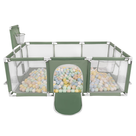 Laufstall Baby Großer Spielplatz mit Bällen Laufgitter für Kinder, grün:pastellbeige/pastellblau/pastellgelb/minze, 100 Bällen