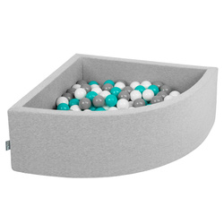 KiddyMoon Viertel Eckig Bällebad Bällepool ∅ 7Cm Ballgruben Für Babys Spielbad Kleinkinder, Hergestellt in der EU, hellgrau:grau/weiß/türkis, 90x30cm/200 Bälle