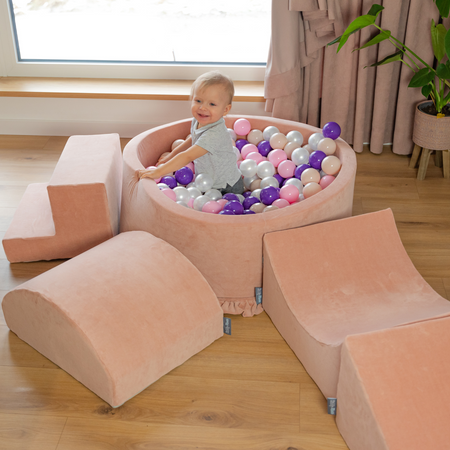 KiddyMoon Spielplatz Velvet Aus Schaumstoff Mit Samt Rund Bällebad Ballgruben Für Babys Spielbad Hindernisläufen, Hergestellt In Der EU, wüstenrosa: pastellbeige/pastellgelb/weiß/minze/puderrosa, Bällebad (300 Bälle) + Version 5
