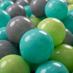KiddyMoon Kinder Bälle für Bällebad Baby Spielbälle Plastikbälle ∅7cm Made in EU, hellgrün/helltürkis/grau, 200 Bälle/7cm