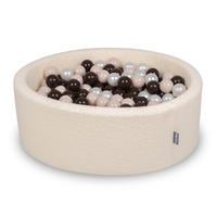 KiddyMoon Bällebad für Baby mit Teddy-Plüsch, Größere 7 cm Bälle für Eine Vollere Füllung, ab 8 Monaten, Abnehmbarer Bezug, Creme: Pastellbeige/Braun/Perle, 90 x 30 cm 200 Bälle
