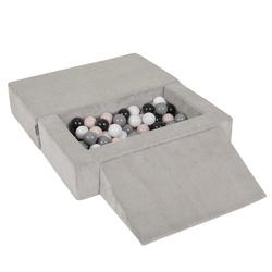 KiddyMoon Kindersofa Modular mit Weichem Zwickel und Bällen Für Kinderzimmer Bequem Vielseitig Gerippter Stoff Abnehmbarer Bezug Perfekt zum Spielen und Entspannen, hellgrau: pastellbeige/grau/weiß/schwarz, Sofa/Zwickel + 100 Bälle