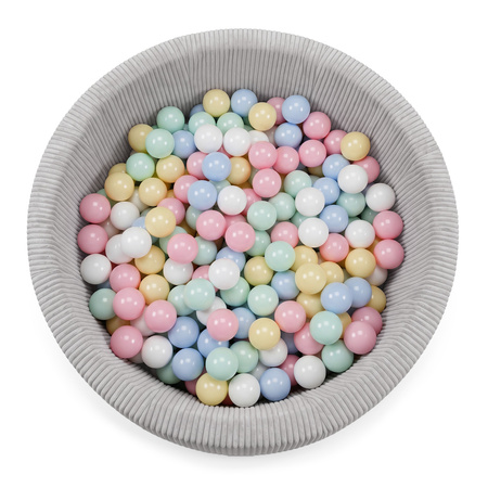 KiddyMoon Bällebad Kinder Schaumstoff, weicher Rippbezug, waschbar, Hellgrau: Pastellblau/Pastellgelb/Weiß/Minze/Puderrosa, 90 x 30 cm 200 Bälle