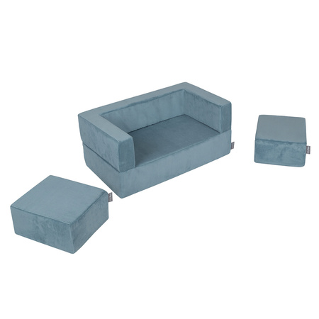KiddyMoon Kindersofa mit Zwei Weichen Puffen Für Kinder Bequemes und Leichtes Schaumstoff-Sofa Gerippter Stoff Abnehmbarer Bezug Perfekt für Entspannung und Kreativität, blau, Sofa/Puff