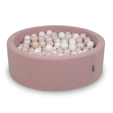 KiddyMoon Bällebad für Baby mit Teddy-Plüsch, Größere 7 cm Bälle für Eine Vollere Füllung, ab 8 Monaten, Abnehmbarer Bezug, Rosa: Pastellbeige/Weiß/Perle, 90 x 30 cm 200 Bälle