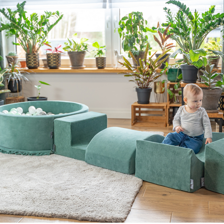 KiddyMoon Spielplatz Velvet Aus Schaumstoff Mit Samt Rund Bällebad Ballgruben Für Babys Spielbad Hindernisläufen, Hergestellt In Der EU, zieleń lasu: ciemny turkus-zielonoszary-biały
