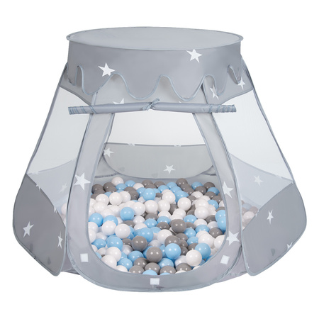 Baby Spielzelt Mit Plastikbällen Für Kinder Leicht und Kompakt ideal für Drinnen Und Draußen Fördert Sensorische Integration Schneller Aufbau, grau:grau/weiß/babyblue, 600 Bällen