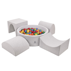 KiddyMoon Spielplatz aus Schaumstoff mit Rund Bällebad (300 Bälle) Ballgruben für Babys Spielbad Hindernisläufen, Hergestellt in der EU, hellgrau:gelb/grün/blau/rot/orange, Bällebad (200 Bälle) + Version 1