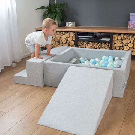 KiddyMoon Spielplatz Schaumstoff mit Viertel Eckig Bällebad Bälle Hindernisläufe, hellgrau:perle/grau/transparent/babyblue/minze, Bällebad (300 Bälle) + Version 5