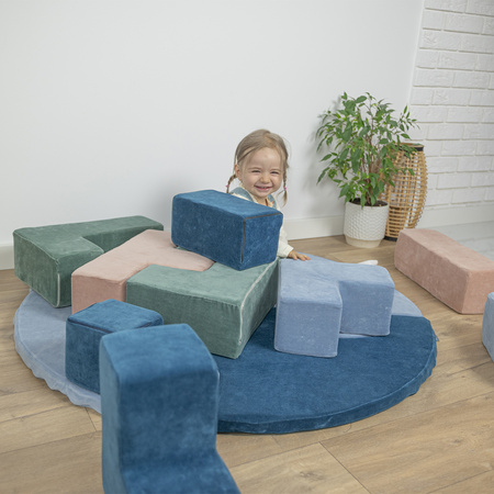 KiddyMoon Schaumstoff Würfel für Baby Weiche Velours Blöcke Schaum Spielzeug Montessori-Spielzeug mit Schaum und viel Spaß für Kinder, Hergestellt in der EU, Lagunetürkis-Waldgrün-Wüstenrosa-Eisblau, 9 Stücke