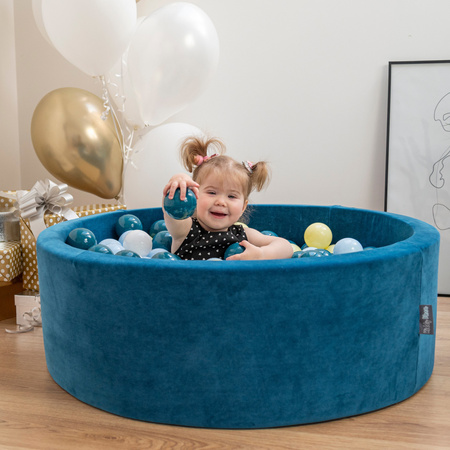 KiddyMoon Kinder Bälle für Bällebad Baby Spielbälle Plastikbälle ∅7cm Made in EU, ciemny turkus-pastelowy niebieski-pastelowy żółty-biały