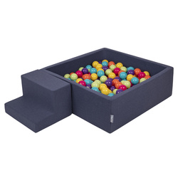 KiddyMoon Spielplatz aus Schaumstoff mit Quadrat Bällebad Ballgruben für Babys Spielbad Hindernisläufen, Hergestellt in der EU, dunkelblau:helgrün/gelb/türkis/orange/dpink/violet, Bällebad (100 Bälle) + Stüfchen