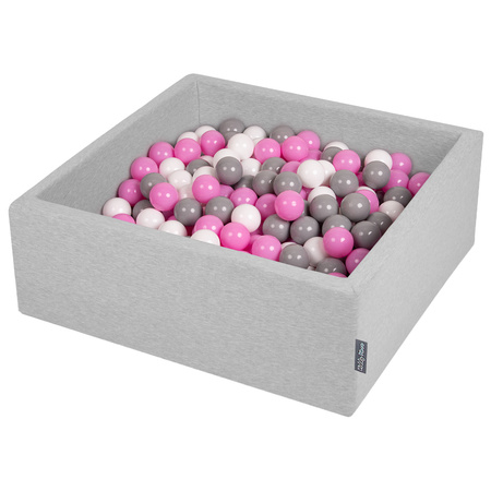 KiddyMoon Bällebad Bällepool mit bunten Bällen ∅ 7Cm  für Babys Kinder Quadrat, hellgrau:grau/weiß/hellpink, 90x30cm/300 Bälle