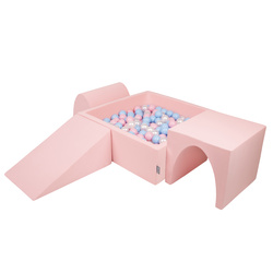 KiddyMoon Spielplatz aus Schaumstoff mit Quadrat Bällebad Bälle Hindernisläufen, pink:babyblue/puderrosa/perle, Bällebad (200 Bälle) + Version 2
