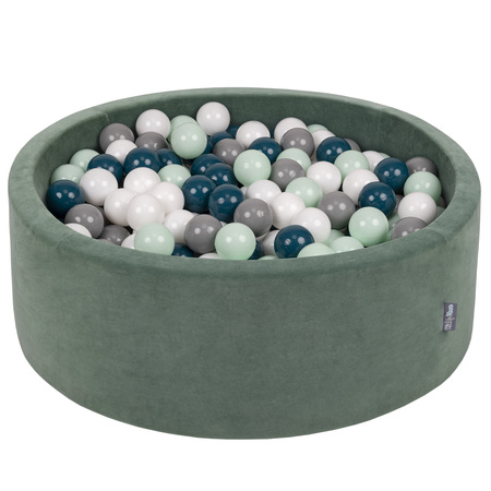 KiddyMoon Rund Bällebad Velvet Bällepool ∅ 7Cm Ballgruben Für Babys Spielbad Kleinkinder, Hergestellt in der EU, waldgrün: dunkeltürkis/grau/weiß/minze, 90 x 30 cm 300 Bälle