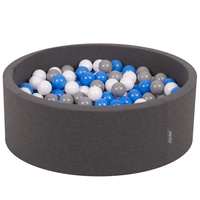 KiddyMoon Bällebad Bällepool mit bunten Bällen ∅ 7Cm für Babys Kinder Rund, dunkelgrau:grau/weiß/blau, 90x30cm/300 Bälle