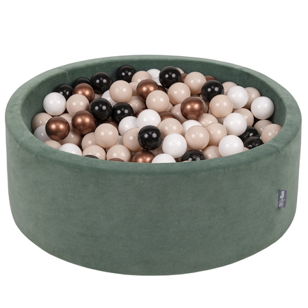 KiddyMoon Rund Bällebad Velvet Bällepool ∅ 7Cm Ballgruben Für Babys Spielbad Kleinkinder, Hergestellt in der EU, waldgrün: pastellbeige/kupferrot/weiß, 90x30cm/200 Bälle