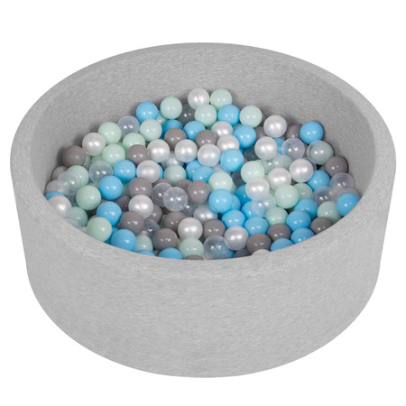 Bällebad Bällepool für Baby Kinder mit 200 bunten Bällen Rund, hellgrau: perle/grau/transparent/babyblue/minze, 90x30cm/200 Bälle