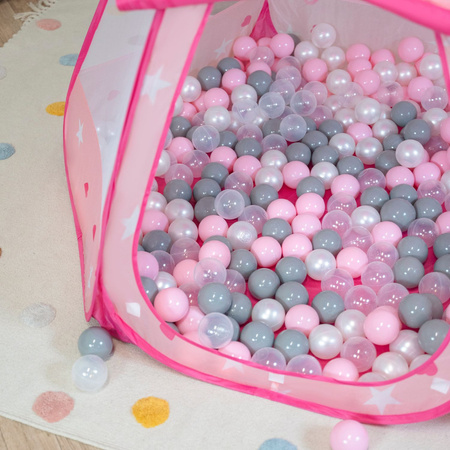 Baby Spielzelt Mit Plastikbällen Für Kinder Leicht und Kompakt ideal für Drinnen Und Draußen Fördert Sensorische Integration Schneller Aufbau, pink:perle-grau-transparent-puderrosa, 600 Bällen