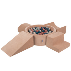 KiddyMoon Spielplatz Velvet Aus Schaumstoff Mit Samt Rund Bällebad Ballgruben Für Babys Spielbad Hindernisläufen, Hergestellt In Der EU, wüstenrosa: dunkeltürkis/pastellbeige/grüngrau/lachsfarben, Bällebad (200 Bälle) + Version 5