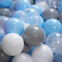 KiddyMoon Kinder Bälle für Bällebad Baby Plastikbälle Spielbälle ∅6cm Made in EU, grau/weiß/transparent/babyblau, 300 Bälle/6cm