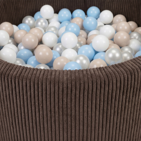 KiddyMoon Bällebad für Kinder aus Schaumstoff, weicher Rippbezug, abnehmbarer Bezug, waschbar, Braun: Pastellbeige/Pastellblau/Weiß/Perle, 90 x 30 cm 200 Bälle