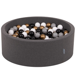 KiddyMoon Bällebad Bällepool mit bunten Bällen ∅ 7Cm  für Babys Kinder Rund, dunkelgrau:weiß/grau/schwarz/gold, 90x30cm/200 Bälle