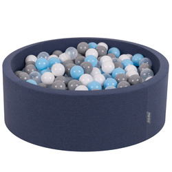 KiddyMoon Bällebad Bällepool mit bunten Bällen ∅ 7Cm für Babys Kinder Rund, dunkelblau:grau/weiß/transparent/babyblau, 90x30cm/200 Bälle
