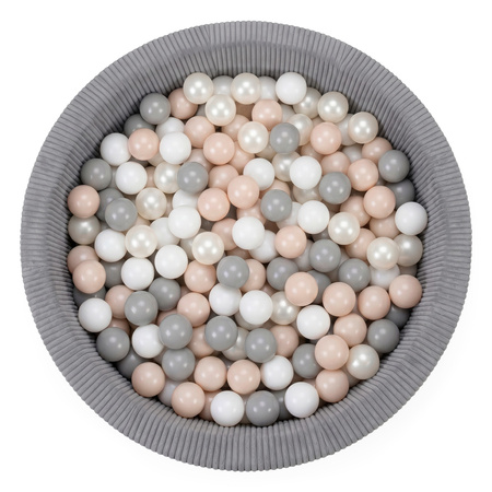 KiddyMoon Bällebad für Kinder aus Schaumstoff, weicher Rippbezug, abnehmbarer Bezug, waschbar, Dunkelgrau: Pastellbeige/Weiß/Perle/Grau, 90 x 30 cm 200 Bälle