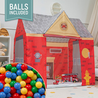 Spielhaus Spielzelt Feuerwehrhaus Faltbares Für Kinder Realistisches Design Langlebige Und Sichere Materialien Leicht Zu Montieren Perfekt Für Drinnen Und Draußen, rot-grau:gelb/grün/blau/rot/orange, 300 Bälle