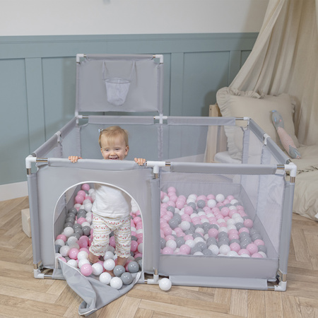 Laufstall Baby Großer Spielplatz mit Bällen Laufgitter für Kinder, grau: weiß/grau/puderrosa, 200 Bälle