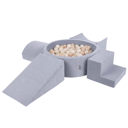 KiddyMoon Spielplatz Aus Schaumstoff Für Kinder mit Bälle Waschbare Bezug, dunkelgrau: pastellbeige/weiß/perle, Bällebad (300 Bälle) + Version 5