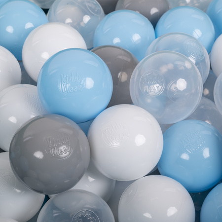 KiddyMoon Kinder Bälle für Bällebad Baby Spielbälle Plastikbälle ∅7cm Made in EU, grau/weiß/transparent/babyblue, 300 Bälle/7cm