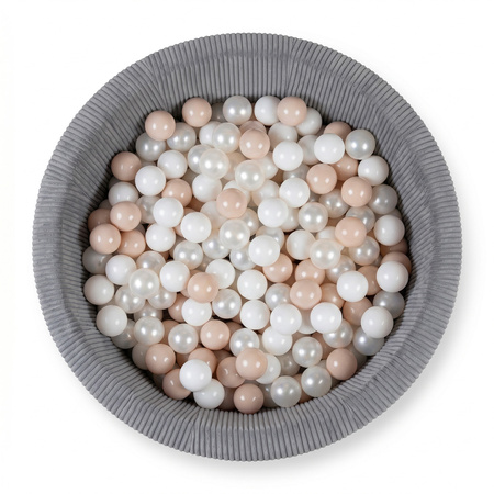 KiddyMoon Bällebad für Kinder aus Schaumstoff, weicher Rippbezug, abnehmbarer Bezug, waschbar, Dunkelgrau: Pastellbeige/Weiß/Perle, 90 x 30 cm 200 Bälle