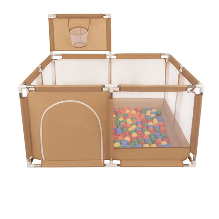 Laufstall mit Korb und Bällen Laufgitter für Kinder, beige:gelb/grün/blau/rot/orange, 100 Bälle