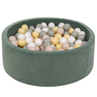 KiddyMoon Rund Bällebad Velvet Bällepool ∅ 7Cm Ballgruben Für Babys Spielbad Kleinkinder, Hergestellt in der EU, waldgrün: pastellbeige/grüngrau/pastellgelb/weiß, 90 x 30 cm 200 Bälle