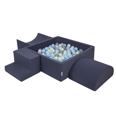 KiddyMoon Spielplatz aus Schaumstoff mit Quadrat Bällebad Bälle Hindernisläufen, dunkelblau:perle/grau/transparent/babyblue/minze, Bällebad (300 Bälle) + Version 6