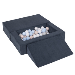 KiddyMoon Kindersofa Modular mit Weichem Zwickel und Bällen Für Kinderzimmer Bequem Vielseitig Gerippter Stoff Abnehmbarer Bezug Perfekt zum Spielen und Entspannen, dunkelblau: pastellbeige/pastellblau/weiß/perle, Sofa/Zwickel + 100 Bälle