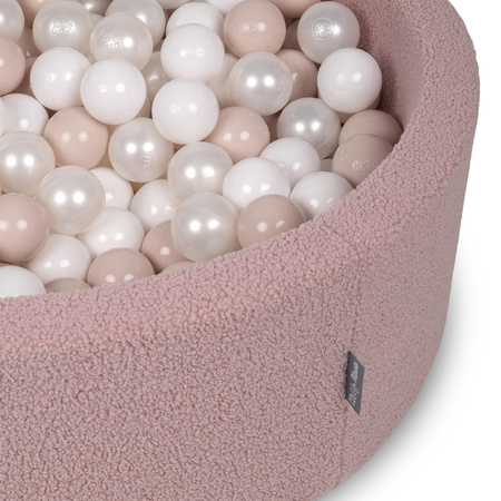 KiddyMoon Bällebad für Baby mit Teddy-Plüsch, Größere 7 cm Bälle für Eine Vollere Füllung, ab 8 Monaten, Abnehmbarer Bezug, Rosa: Pastellbeige/Weiß/Perle, 90 x 30 cm 200 Bälle