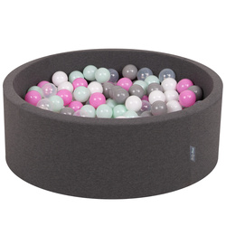 KiddyMoon Bällebad Bällepool mit bunten Bällen ∅ 7Cm  für Babys Kinder Rund, dunkelgrau:transparent/grau/weiß/pink/minze, 90x30cm/200 Bälle
