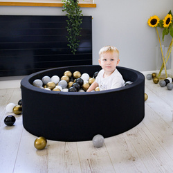 KiddyMoon Bällebad Bällepool mit bunten Bällen ∅ 7Cm  für Babys Kinder Rund, schwarz:weiß/grau/schwarz/gold, 90x30cm/200 Bälle