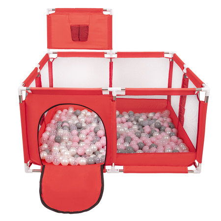 Laufstall mit Korb und Bällen Laufgitter für Kinder, Rot:perle/grau/transparent/puderrosa, 200 Bälle