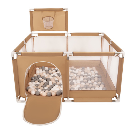 Laufstall mit Korb und Bällen Laufgitter für Kinder, beige:pastellbeige/grau/weiß, 200 Bälle
