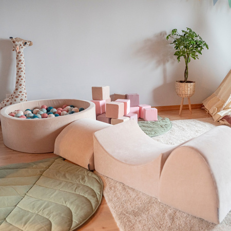KiddyMoon Spielplatz Velvet Aus Schaumstoff Mit Samt Rund Bällebad Ballgruben Für Babys Spielbad Hindernisläufen, Hergestellt In Der EU, sandbeige:pastellbeige/puderrosa/perle/dunkelpink, Bällebad (300 Bälle) + Version 5